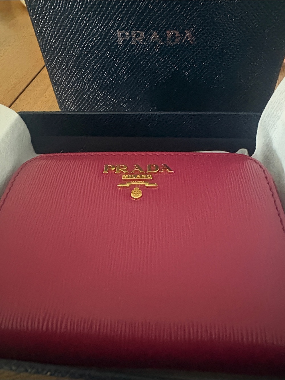 Prada Saffiano Leather Zip Wallet in Raspberry